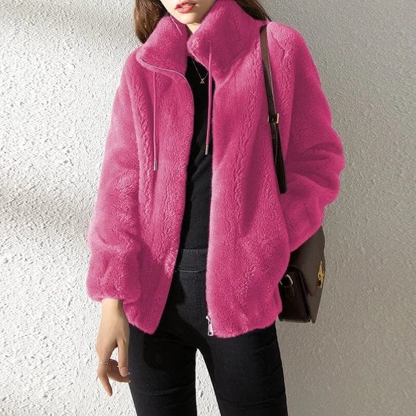 Women's textured fleece jacket with stand collar, zip front and long sleeves