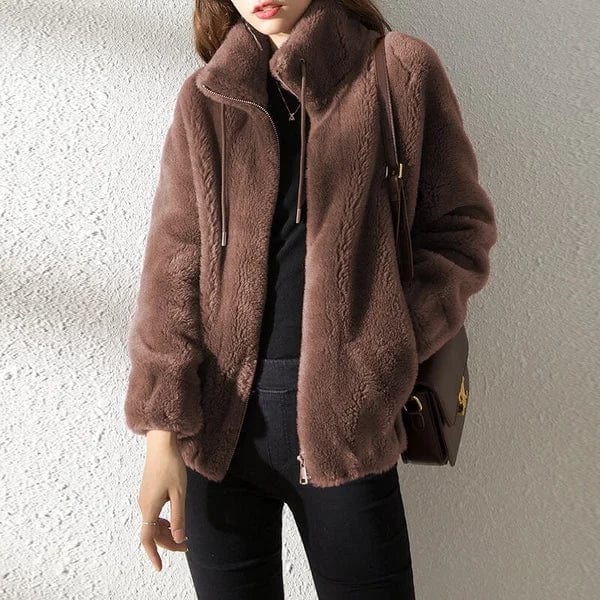 Women's textured fleece jacket with stand collar, zip front and long sleeves