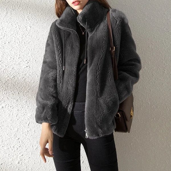 Women's textured fleece jacket with stand collar, zip front and long sleeves