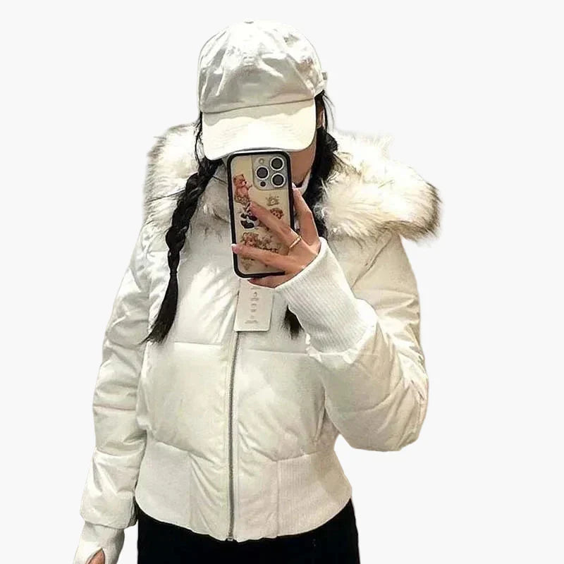 Women's cropped hooded jacket with fur-trimmed hood and front zip