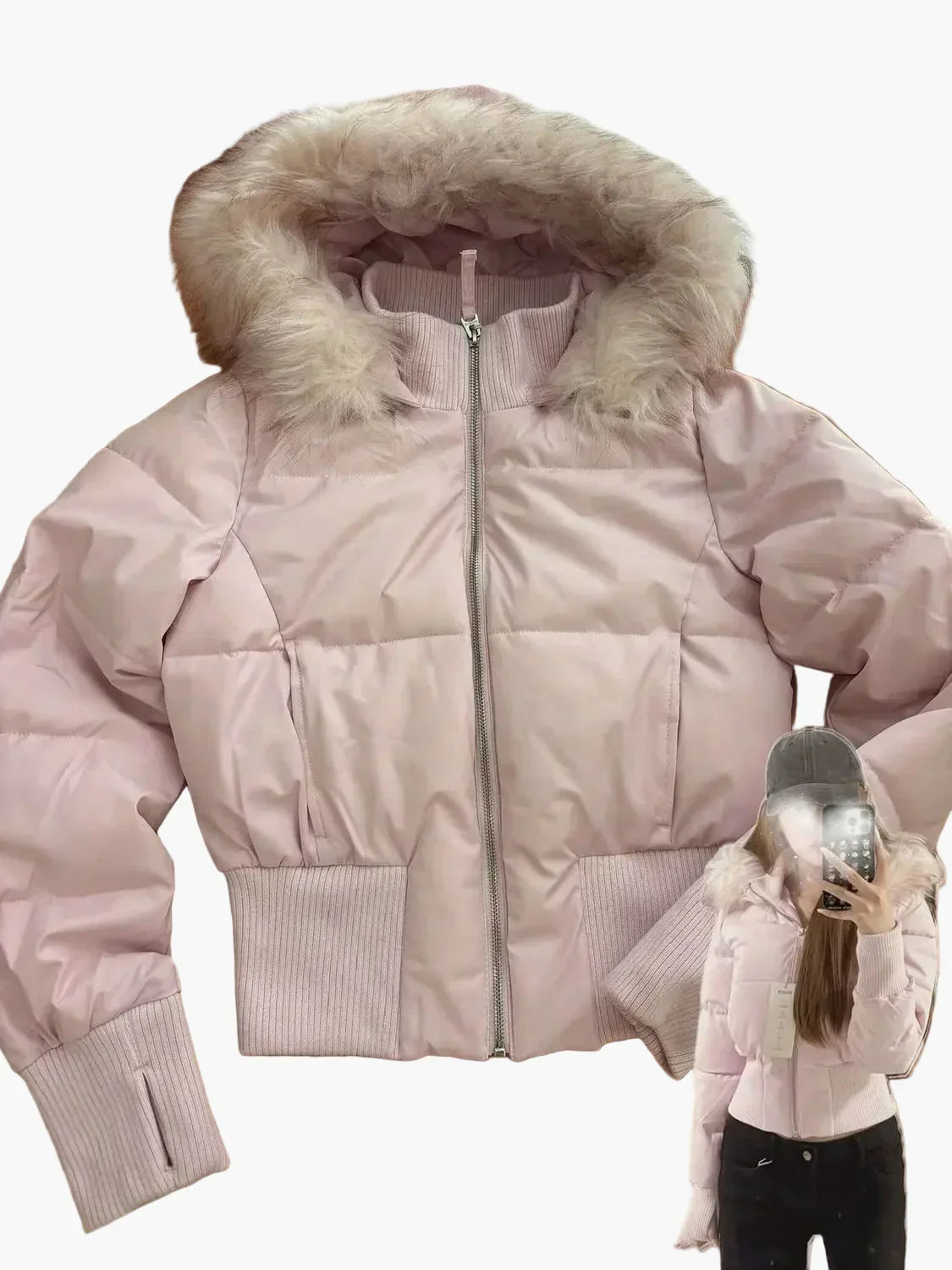 Women's cropped hooded jacket with fur-trimmed hood and front zip