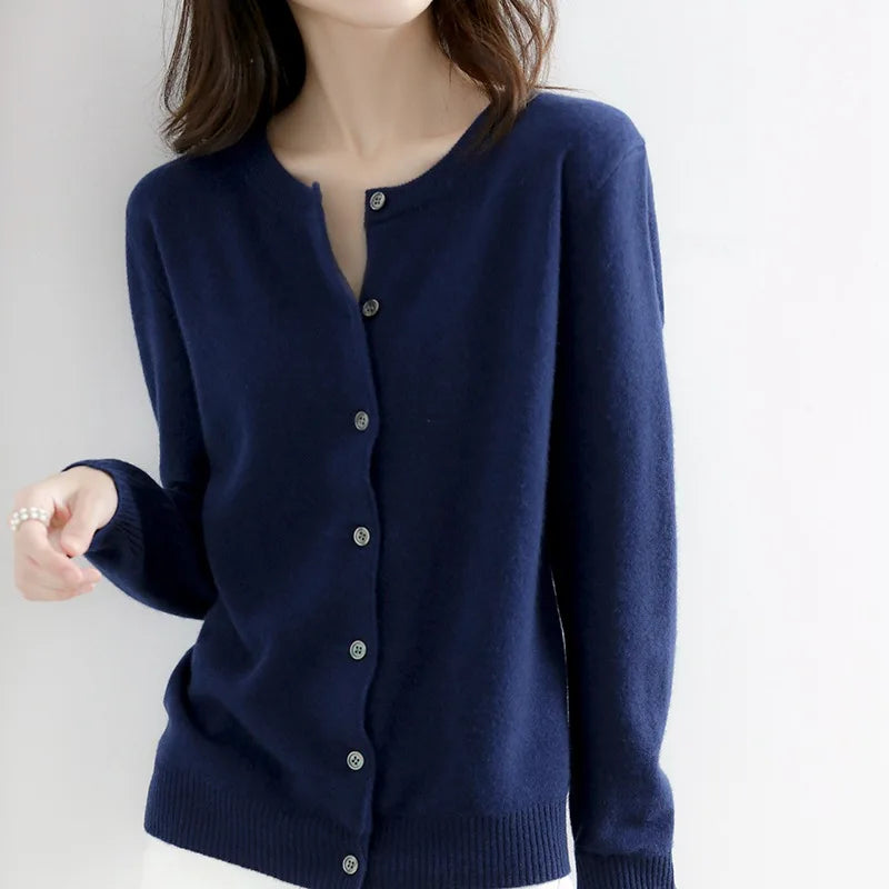 Women's button front cardigan with crew neckline, long sleeves and ribbed trims