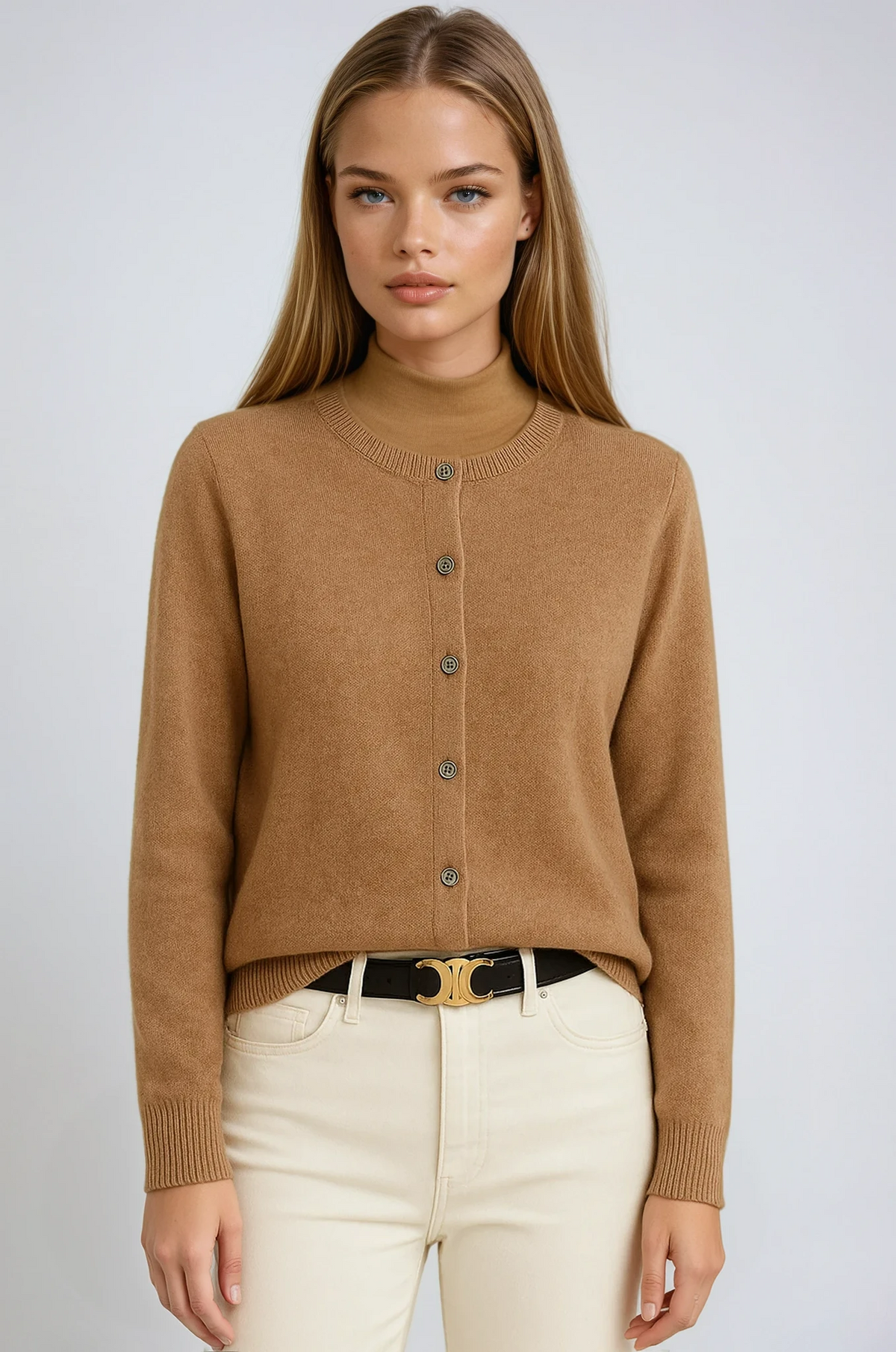 Women's button front cardigan with crew neckline, long sleeves and ribbed trims