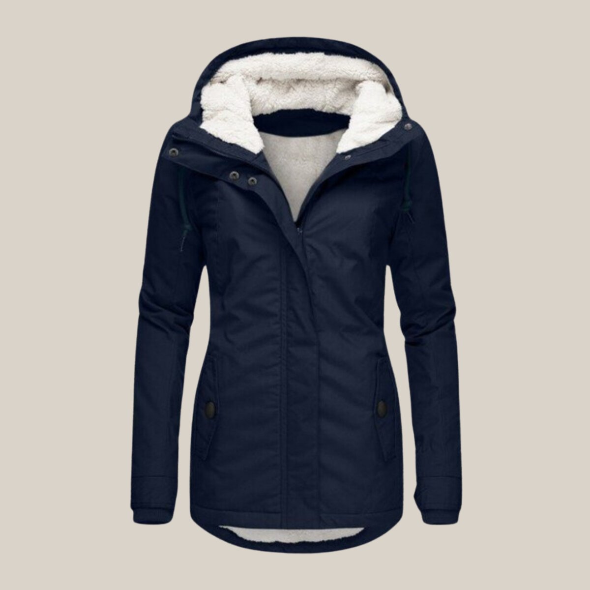 Women's hooded quilted jacket with fleece-style lined hood, long sleeves and zip front