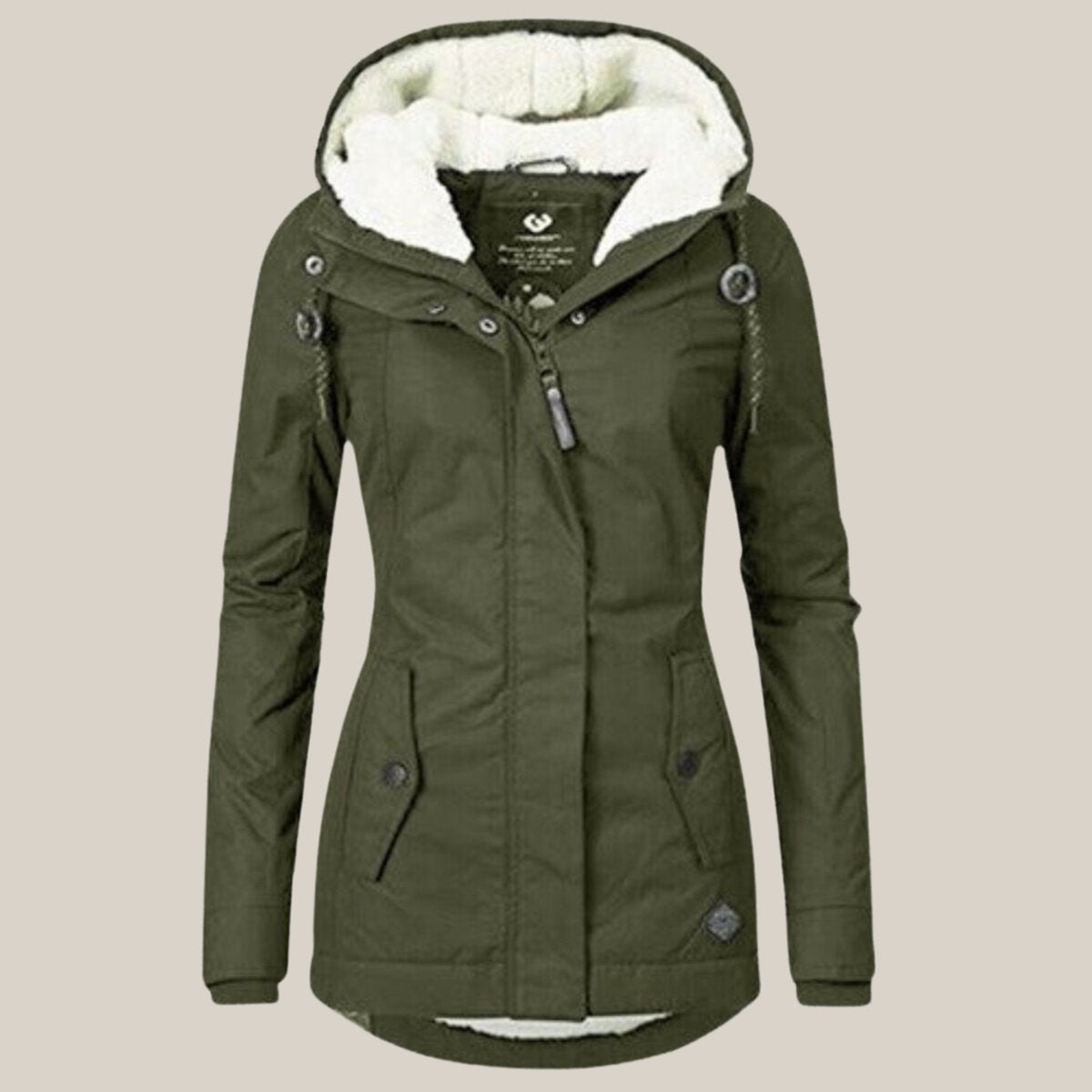 Women's hooded quilted jacket with fleece-style lined hood, long sleeves and zip front