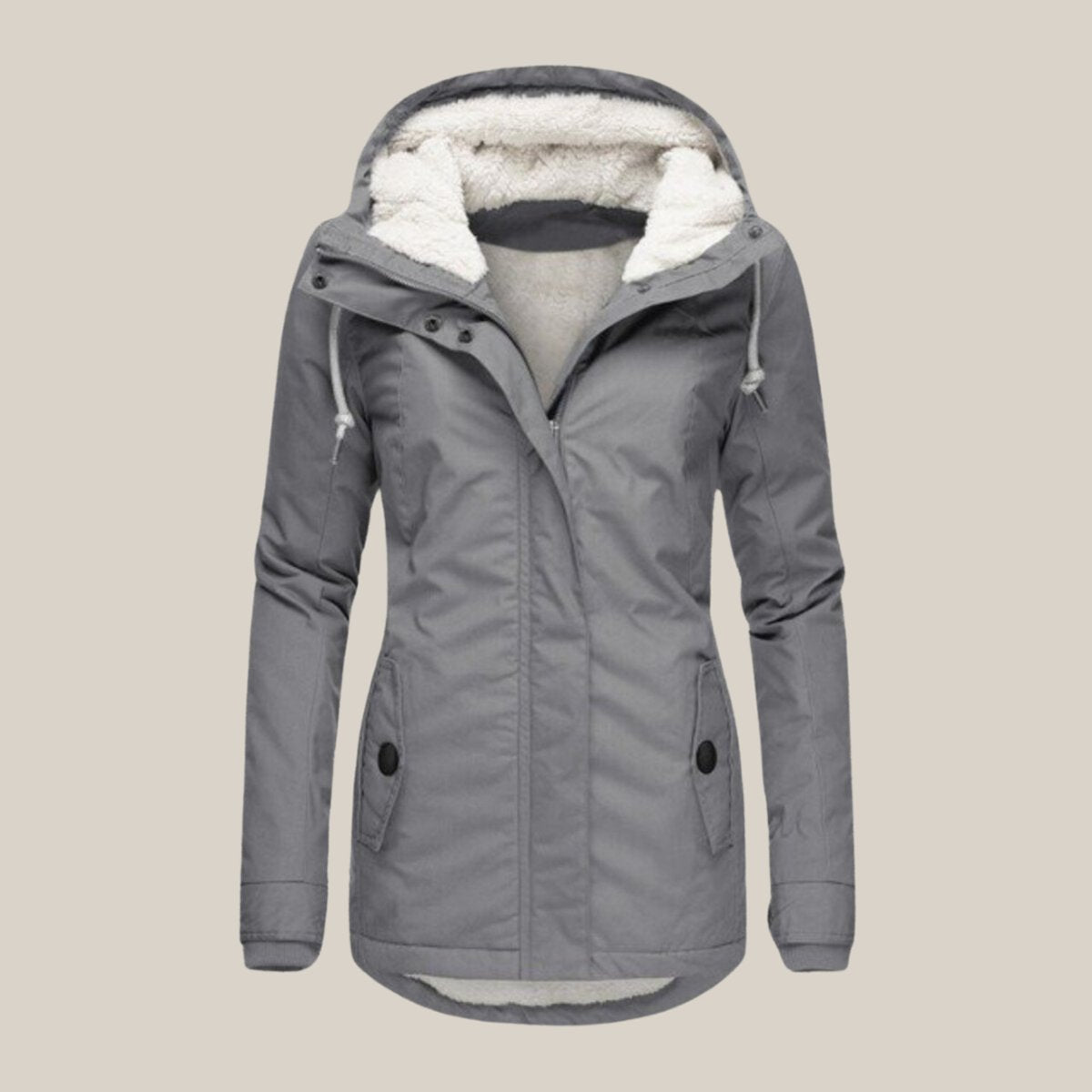 Women's hooded quilted jacket with fleece-style lined hood, long sleeves and zip front