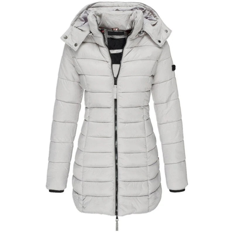 Women's long hooded padded coat with quilted panels and zip front