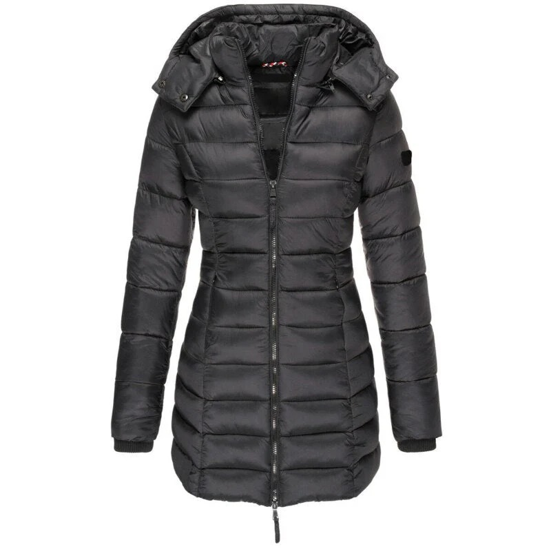 Women's long hooded padded coat with quilted panels and zip front