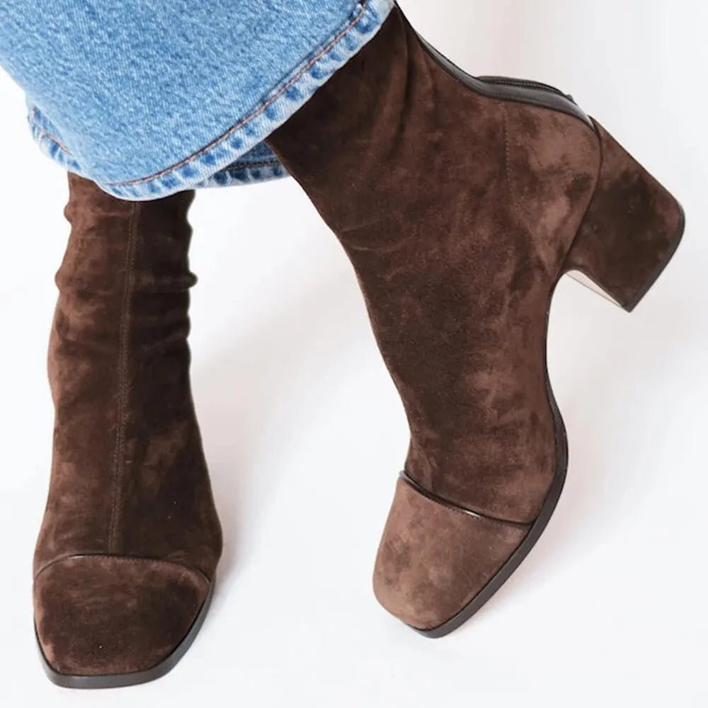 Women's square-toe heeled ankle boots with a block heel and side zip