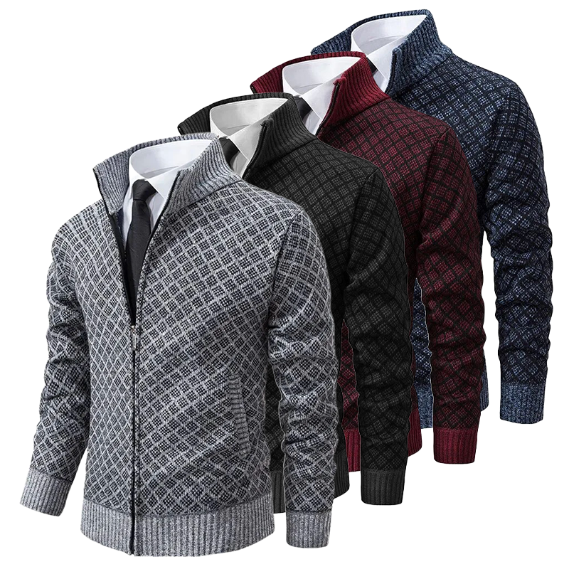 Men's geometric diamond-pattern zip-up jumper with raised collar and ribbed trim