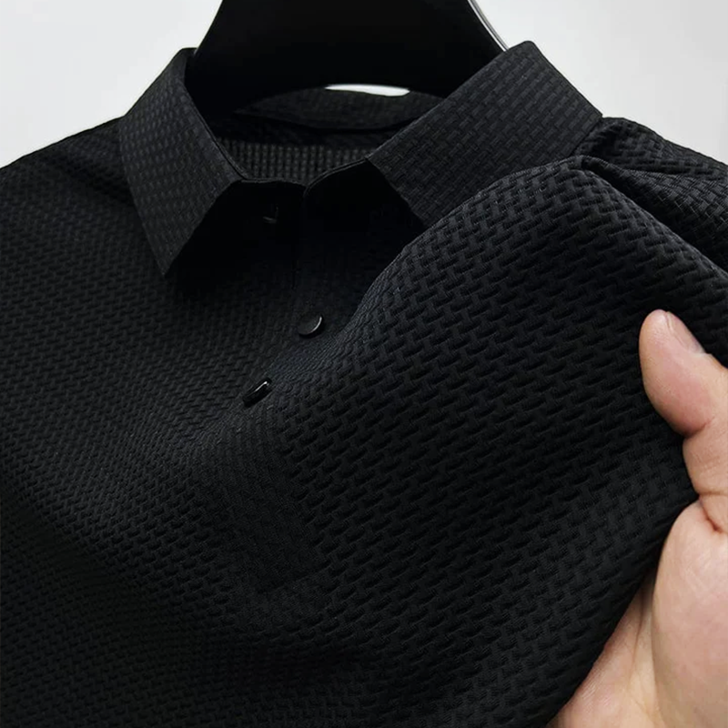 Men's Polo Shirt Textured Woven Short Sleeve - Black