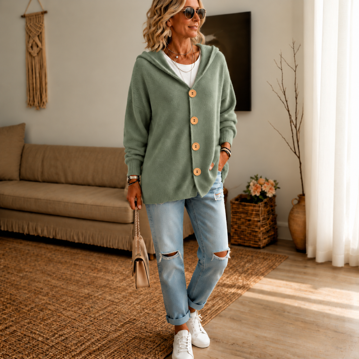 Women's hooded waffle-knit cardigan with button front and ribbed cuffs
