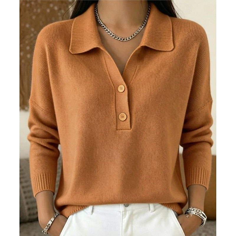 Women's collared button pullover sweater with long sleeves and ribbed trims
