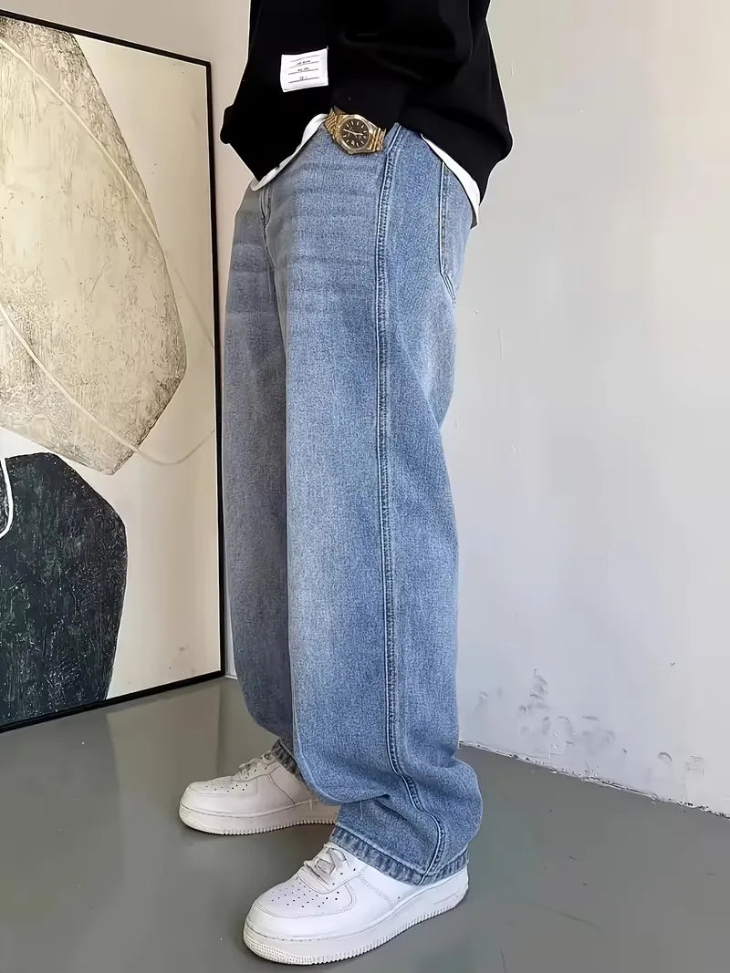 Men's light blue straight jeans with five-pocket design