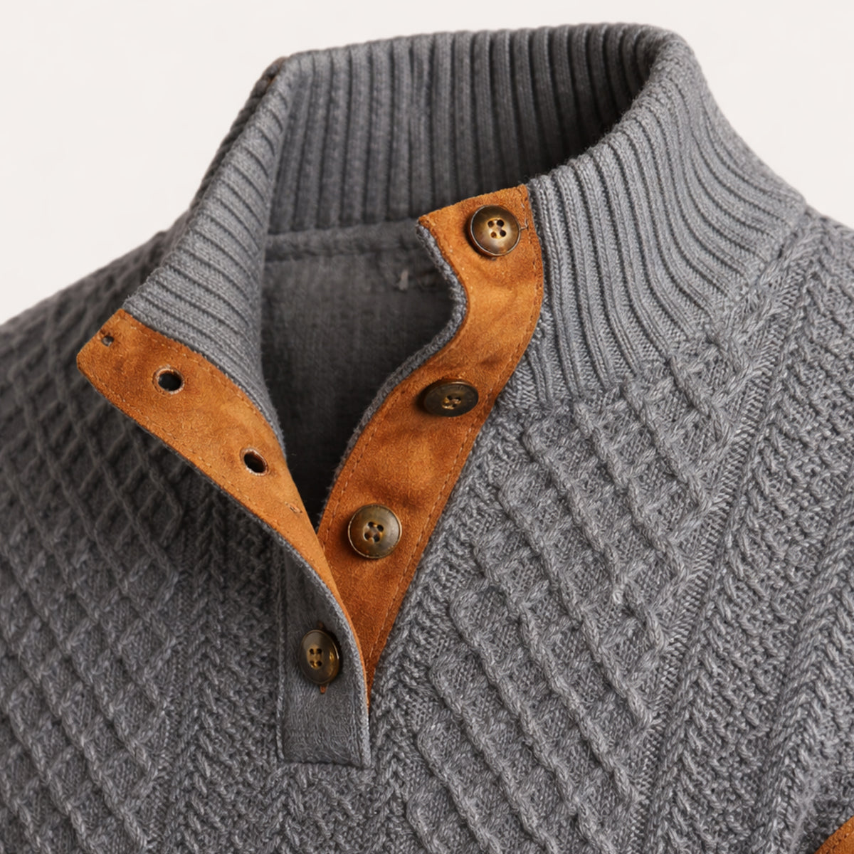 Men's textured mock neck sweater with button placket and contrasting elbow patches