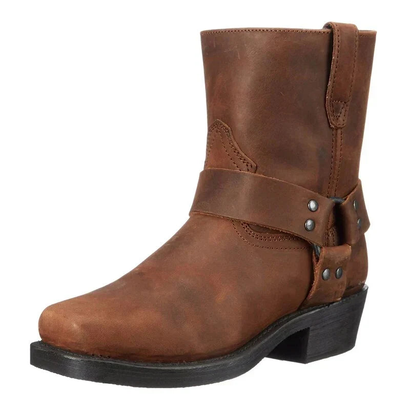 Men's Leather Harness Boot Side Zip - Brown