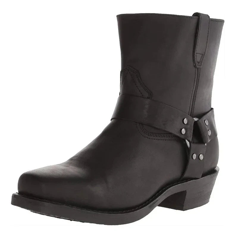 Men's Leather Harness Boot Side Zip - Black
