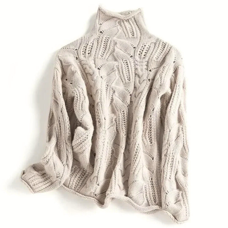 Women's textured cable knit sweater with mock neck and long sleeves