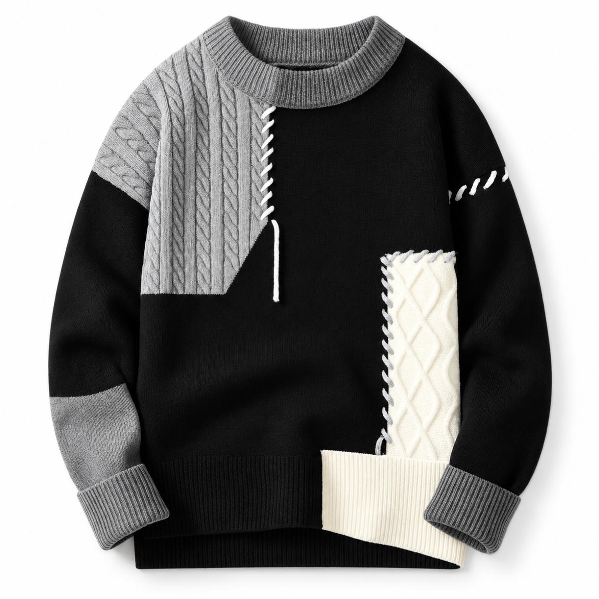 Unisex patchwork cable knit sweater with contrasting panels and ribbed trims