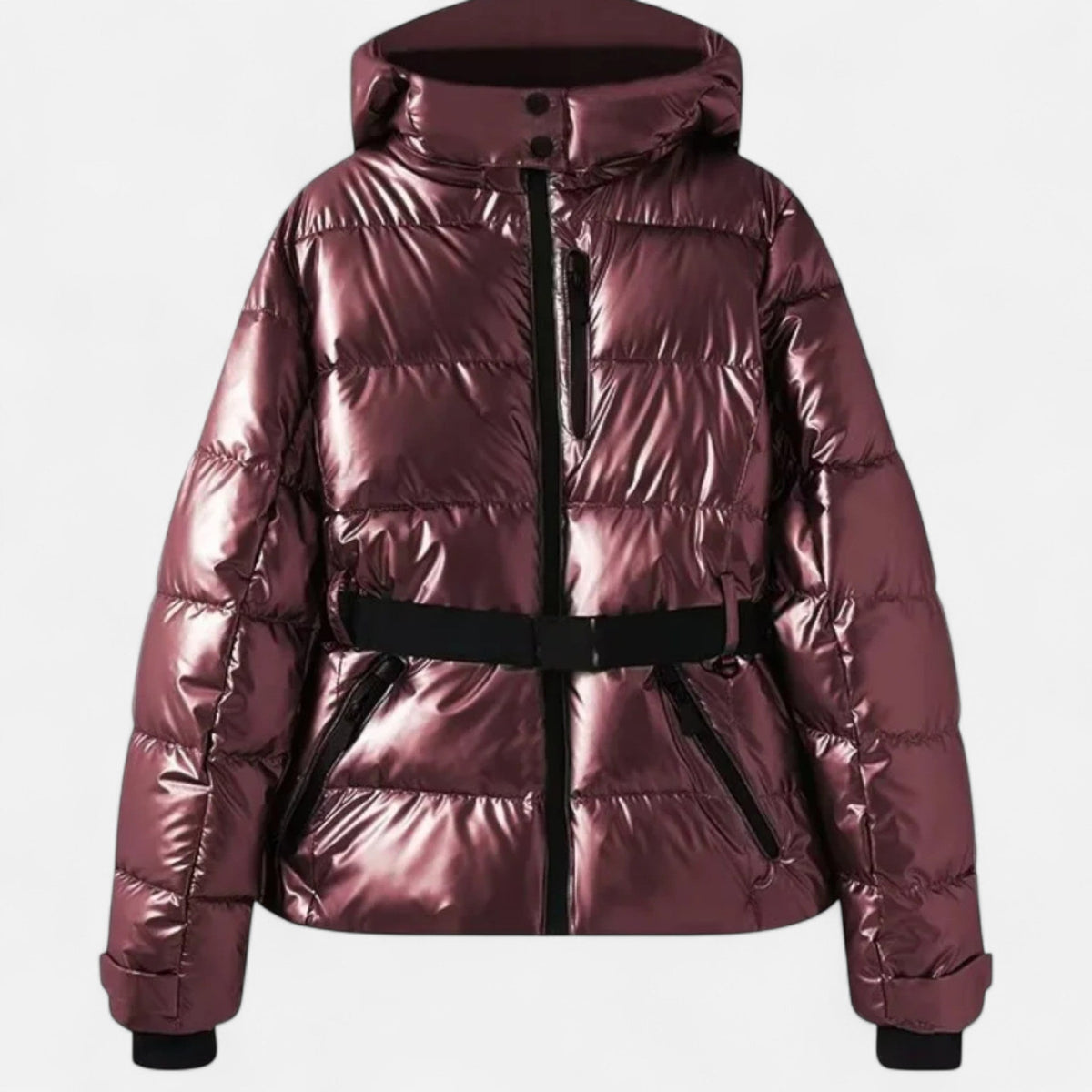 Women's hooded padded ski jacket with cinched waist, long sleeves and zipped pockets