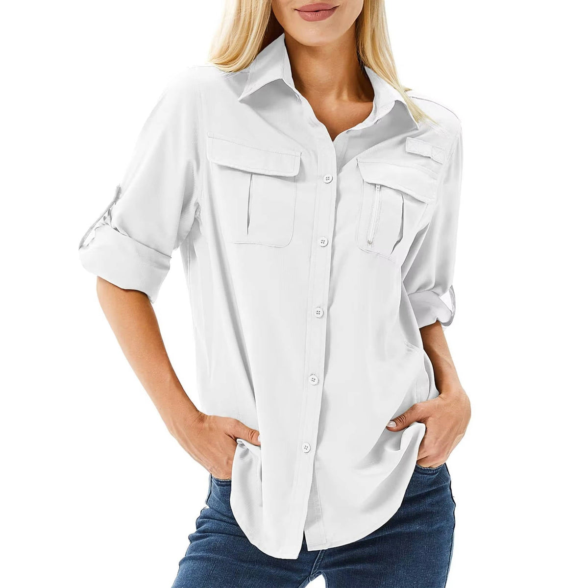 Women's collared utility shirt with chest pockets and roll-tab sleeves