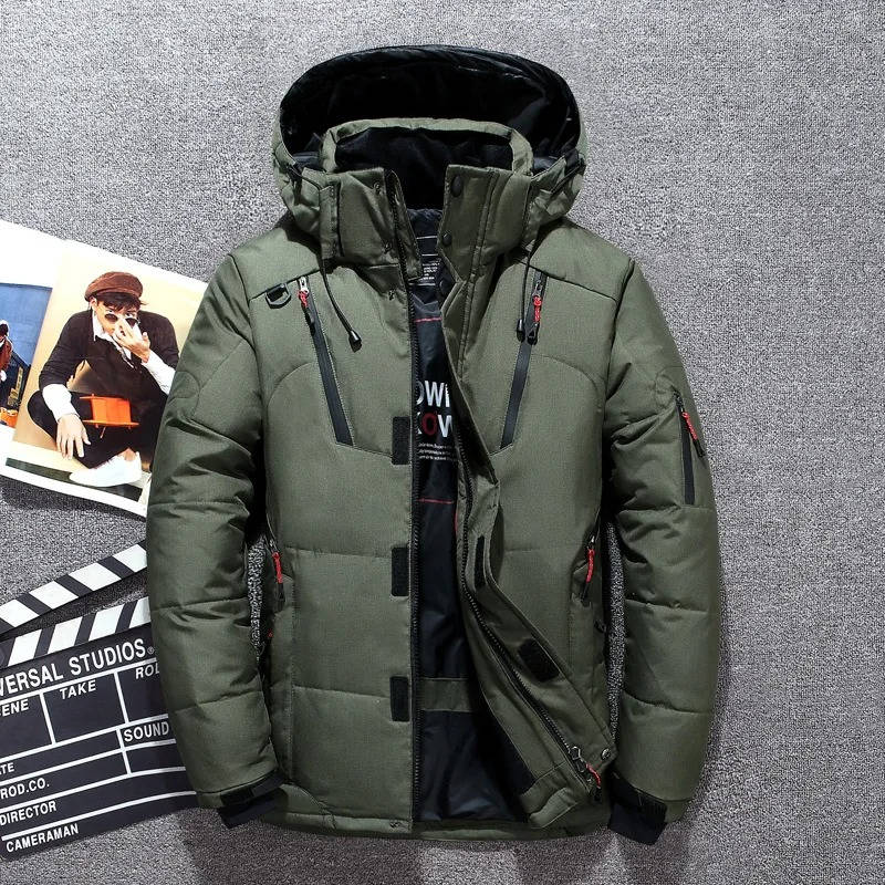 Men's padded hooded winter parka jacket with multiple zipped pockets