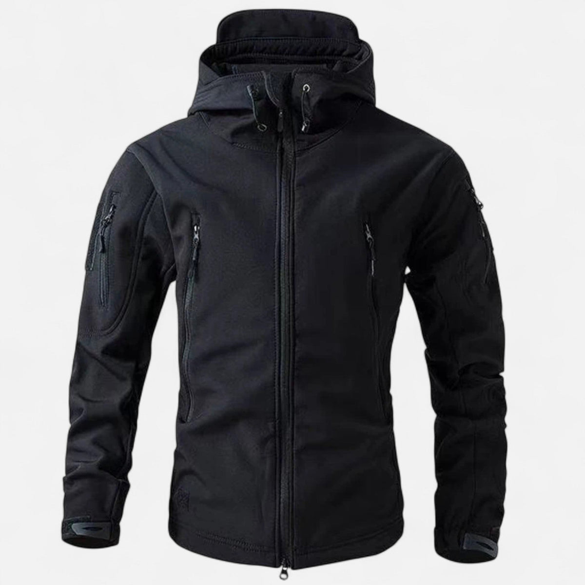 Men's hooded full-zip jacket with multiple zipped pockets and adjustable cuffs