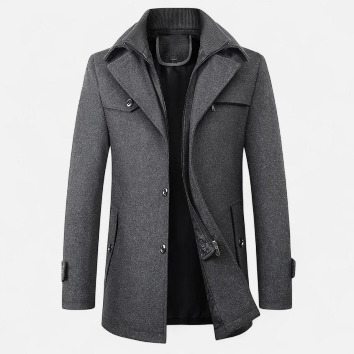 Men's mid-length coat with high collar, buttons, zip fastening and multiple pockets