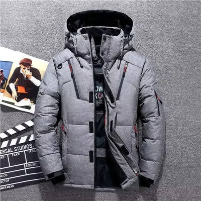 Men's padded hooded winter parka jacket with multiple zipped pockets