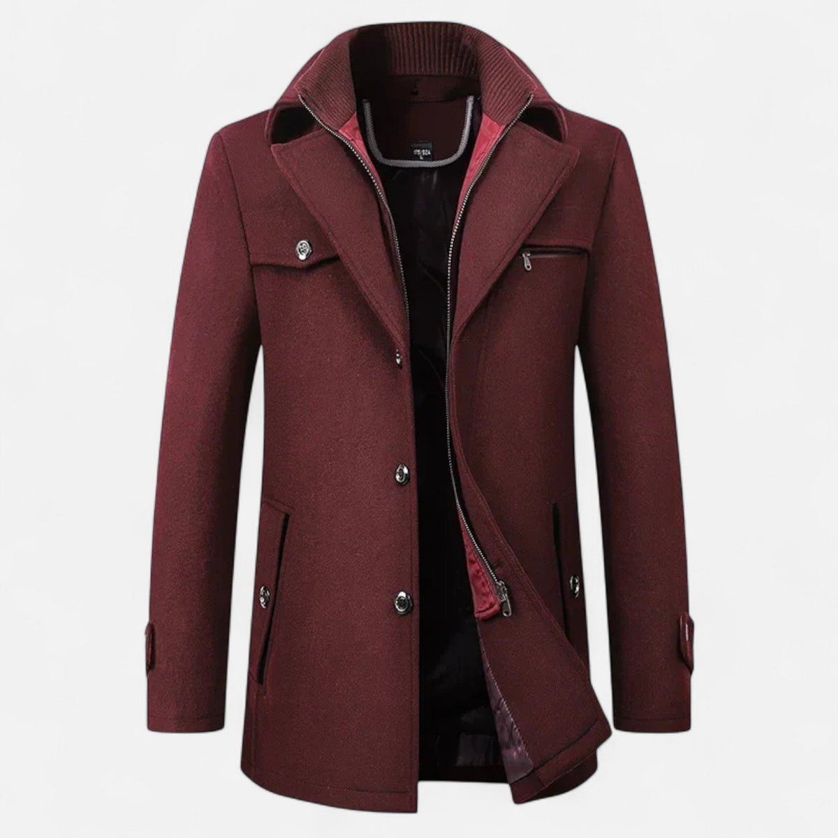 Men's mid-length coat with high collar, buttons, zip fastening and multiple pockets