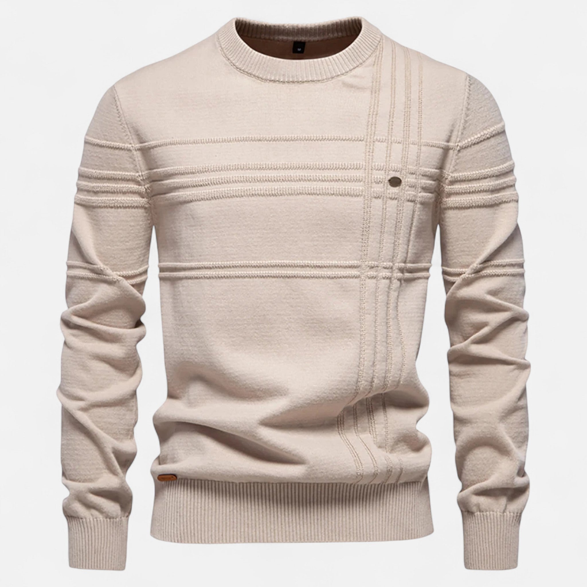 Men's long-sleeved striped crew neck jumper with ribbed trims
