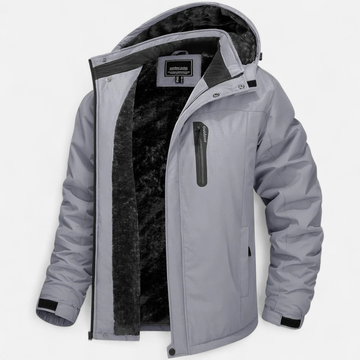 Men's camouflage hooded winter parka with zip front and plush-looking lining