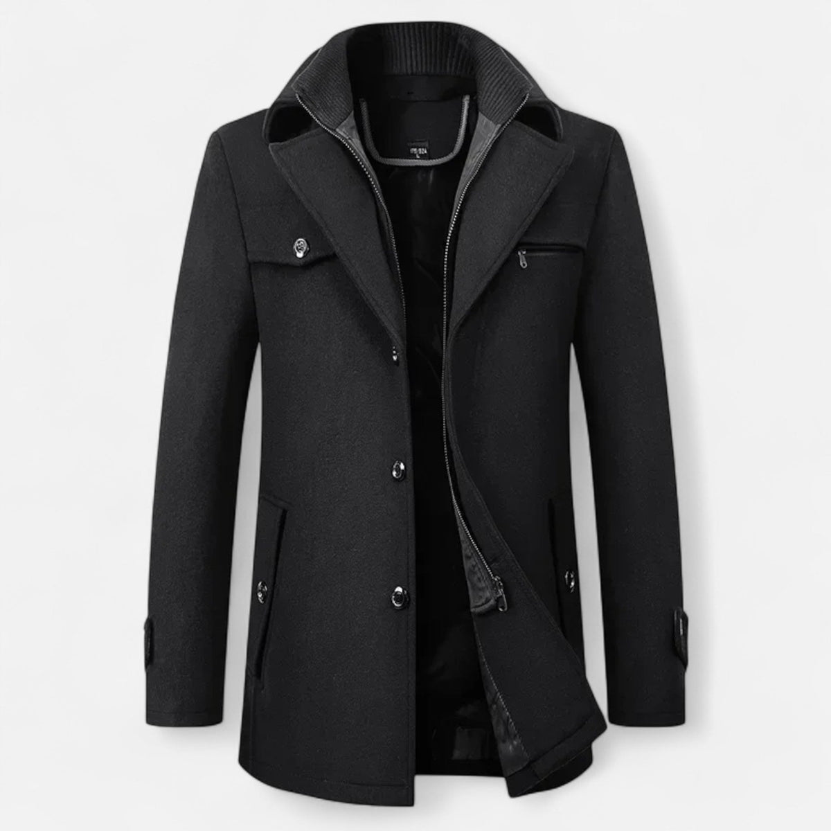 Men's mid-length coat with high collar, buttons, zip fastening and multiple pockets