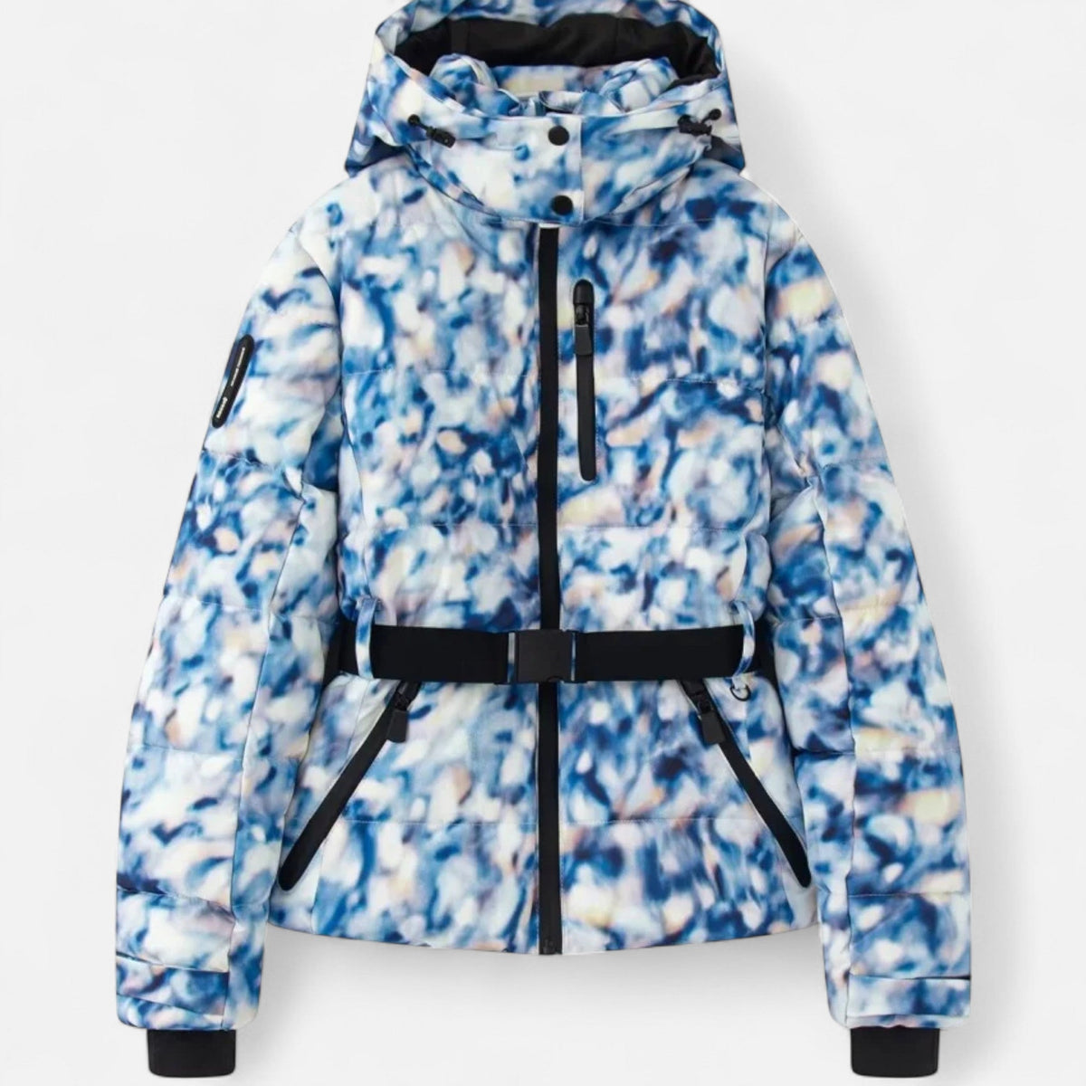 Women's hooded padded ski jacket with cinched waist, long sleeves and zipped pockets