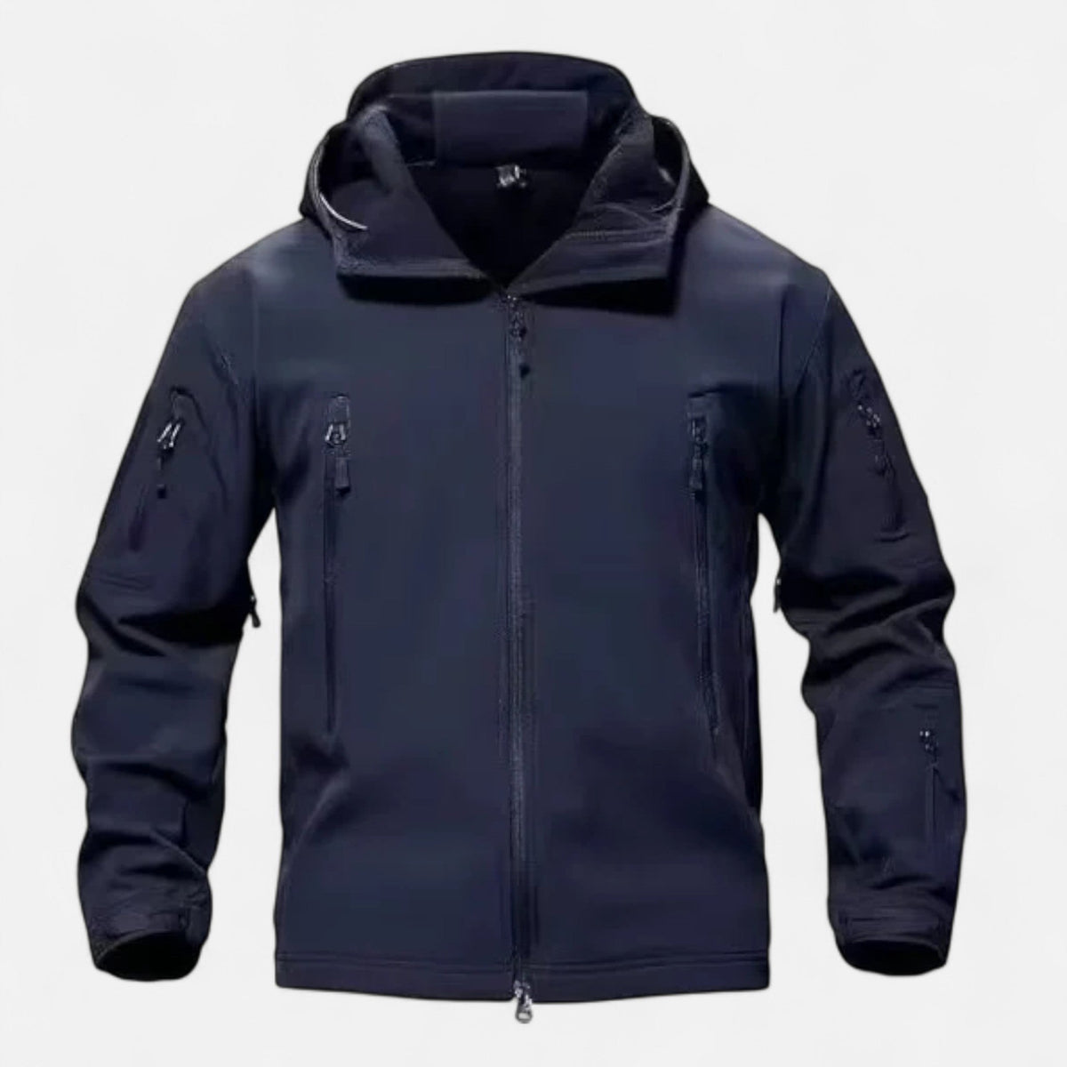 Men's hooded full-zip jacket with multiple zipped pockets and adjustable cuffs
