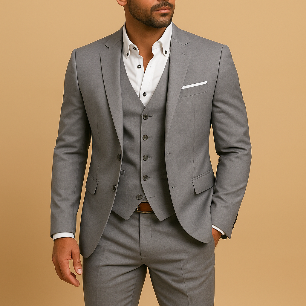 Men's three-piece suit with jacket, waistcoat, trousers and notch lapels