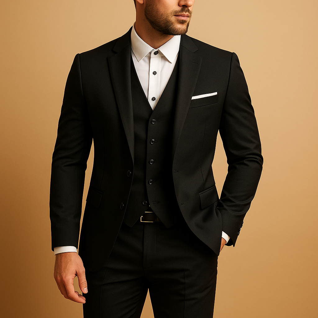 Men's three-piece suit with jacket, waistcoat, trousers and notch lapels