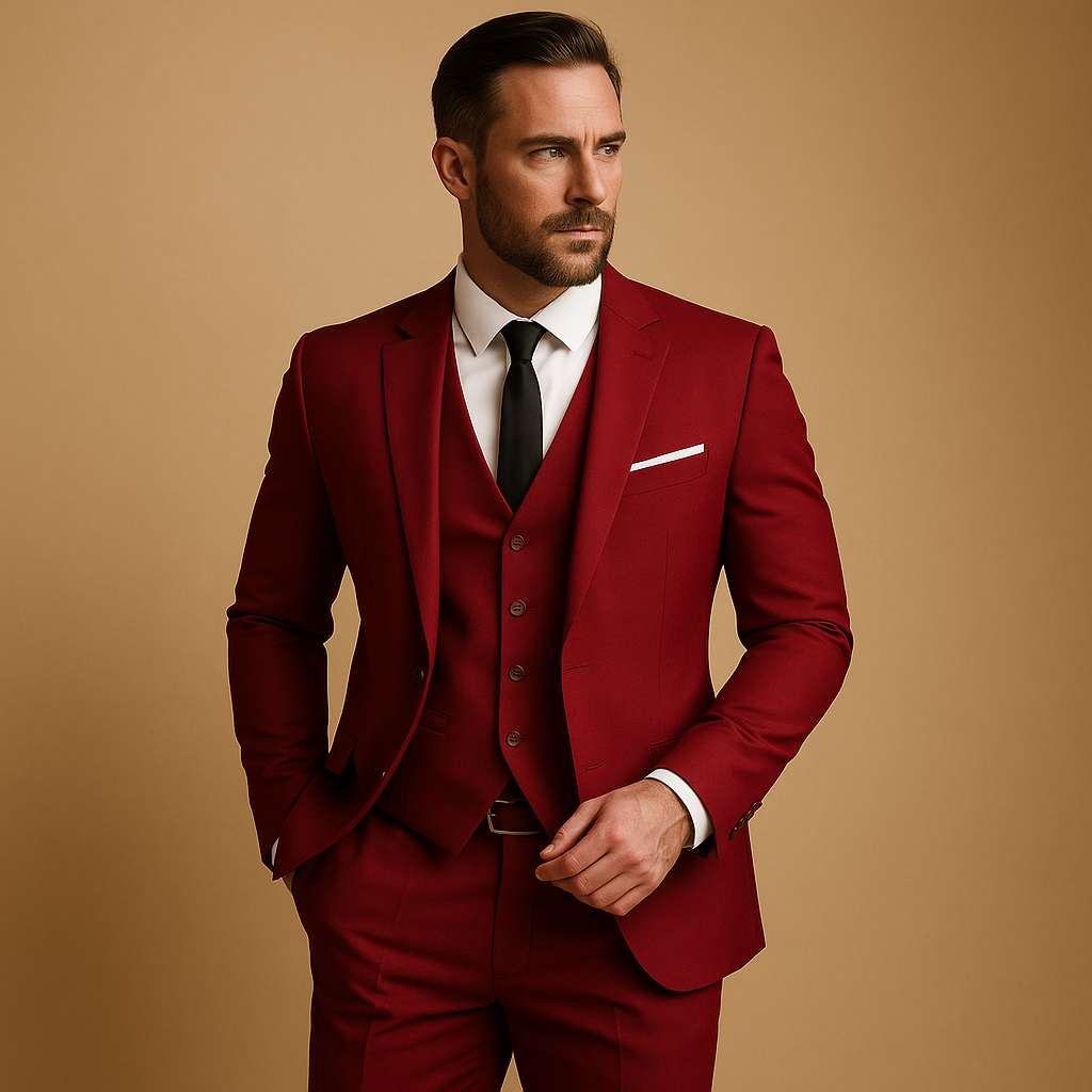 Men's three-piece suit with jacket, waistcoat, trousers and notch lapels