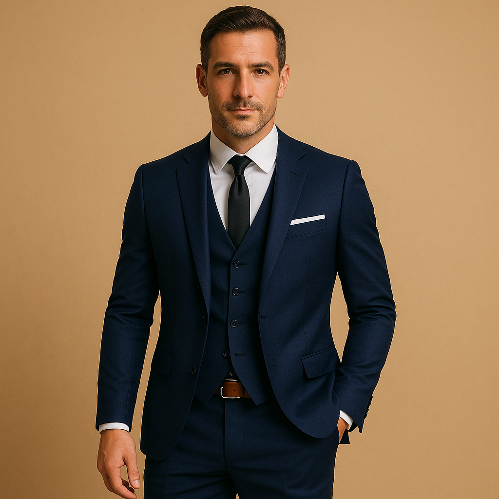 Men's three-piece suit with jacket, waistcoat, trousers and notch lapels
