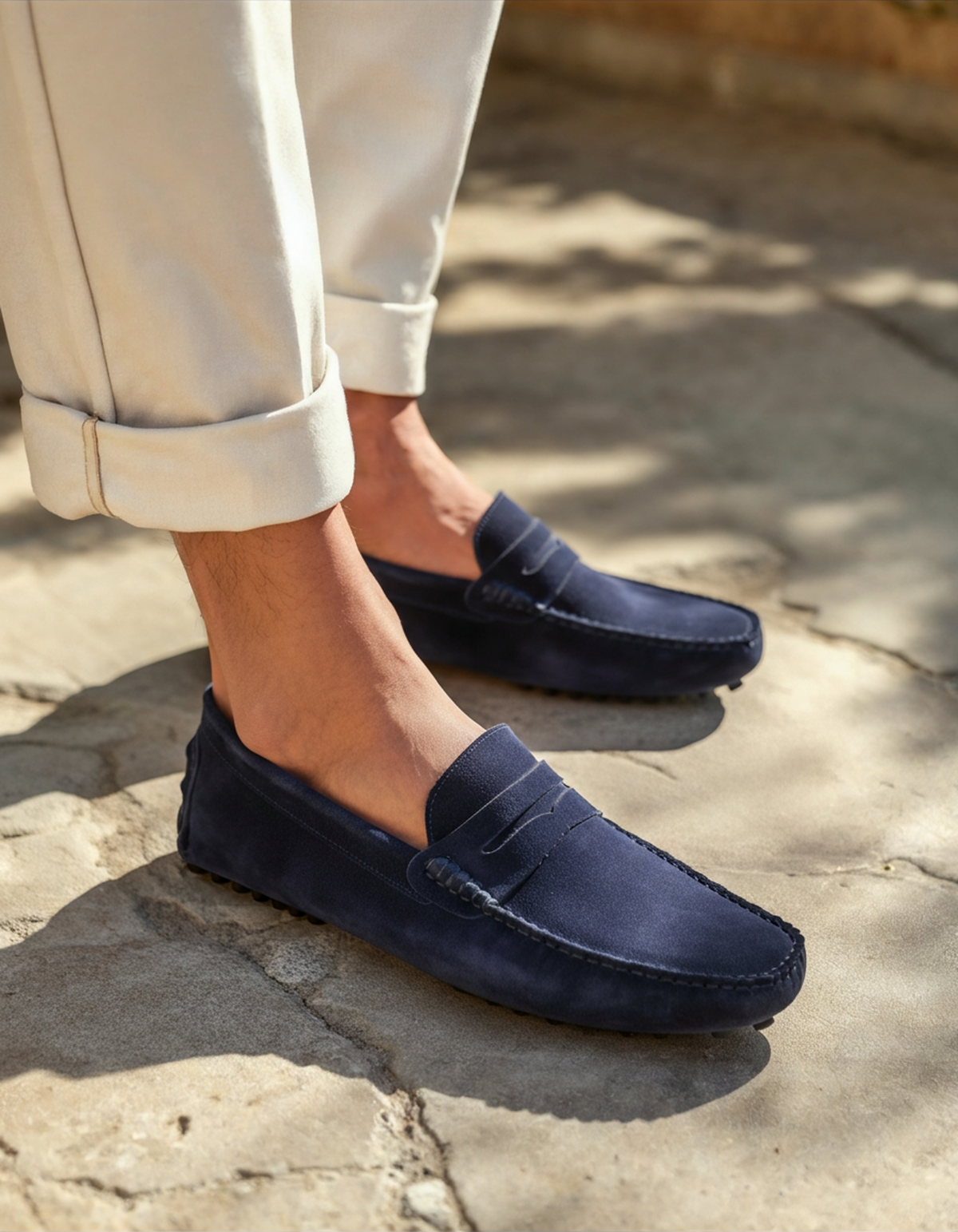 Men's penny loafers with moc toes, stitched trim and low flat soles