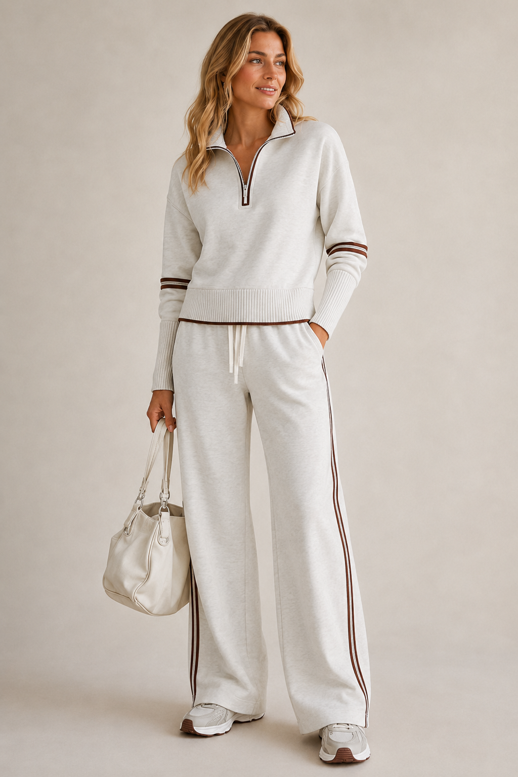 Women's mock-neck zip sweater and wide-leg trouser set with contrast stripes