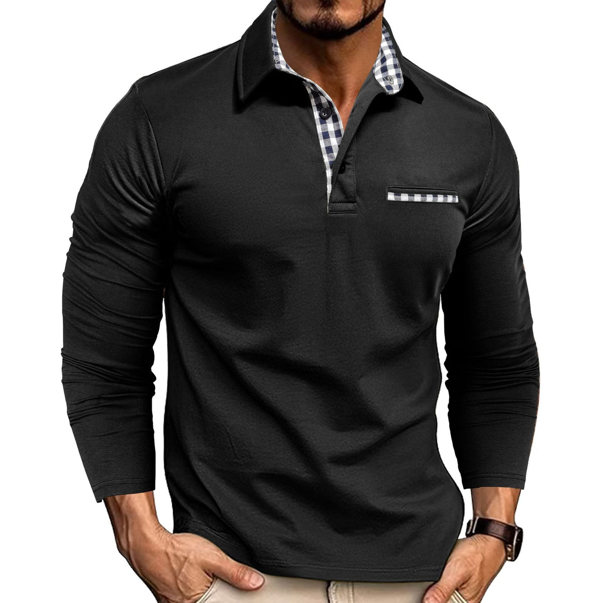 Men's long sleeve polo shirt with checked collar and chest detail