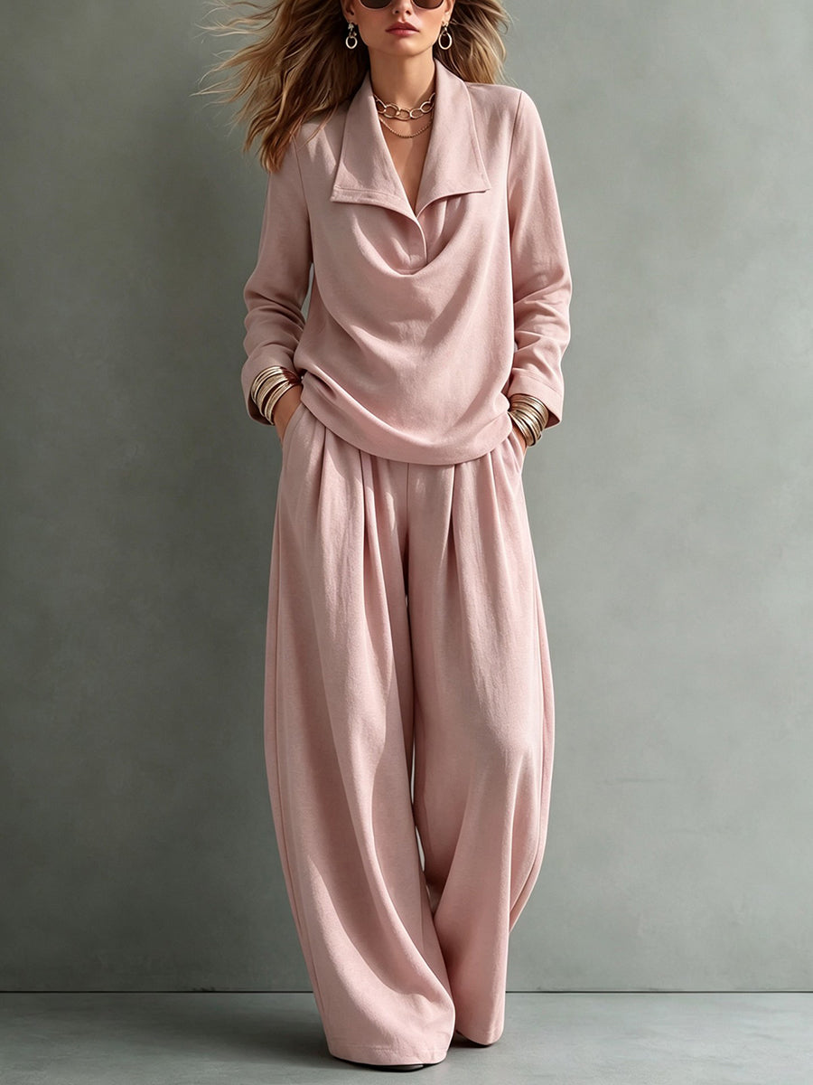 Women's lapel two-piece outfit with long-sleeve top and wide-leg trousers