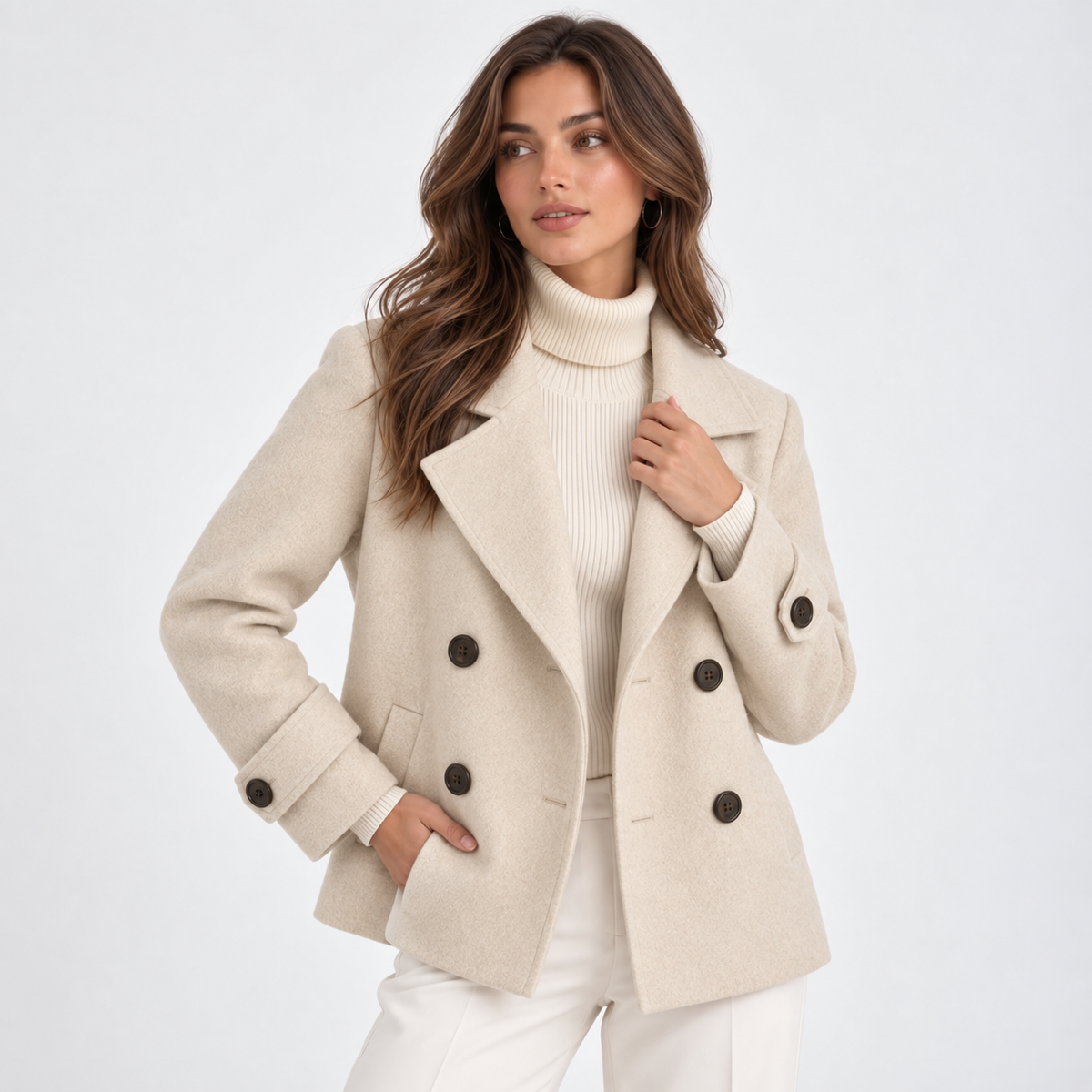 Women's short double-breasted coat with notched lapels and long sleeves