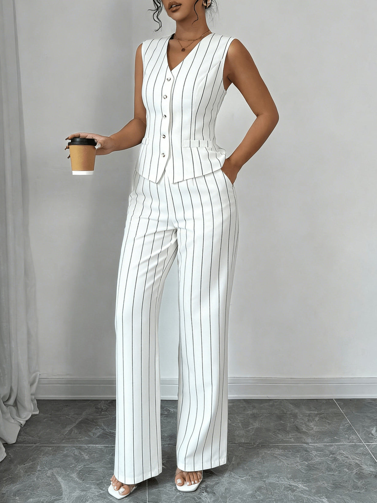 Women's sleeveless pinstripe vest and wide-leg trousers set