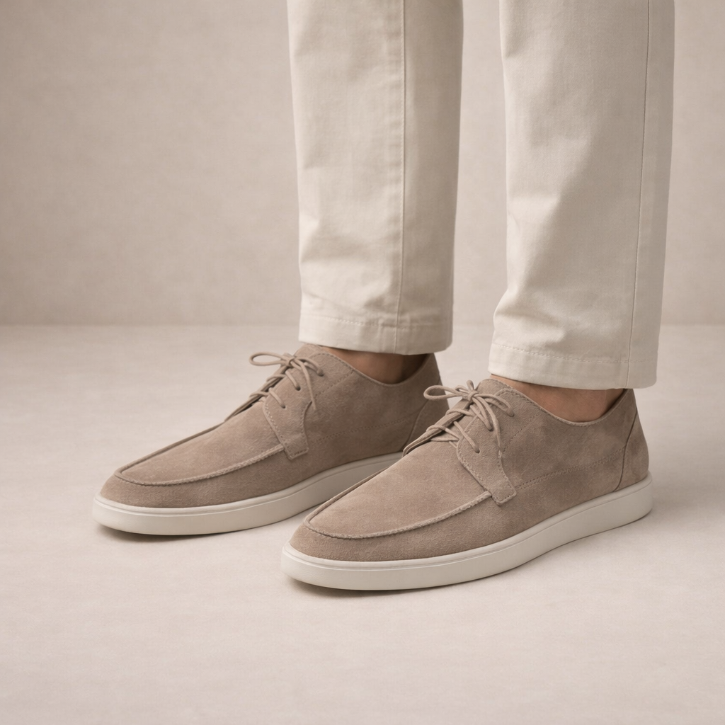 Men's lace-up loafers with moc toe stitching and flat soles