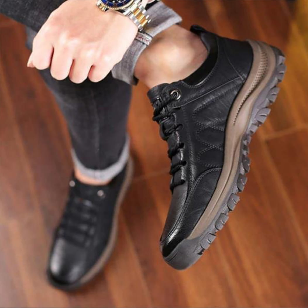 Men's Walking Shoes Leather Lace-Up Chunky Sole - Black