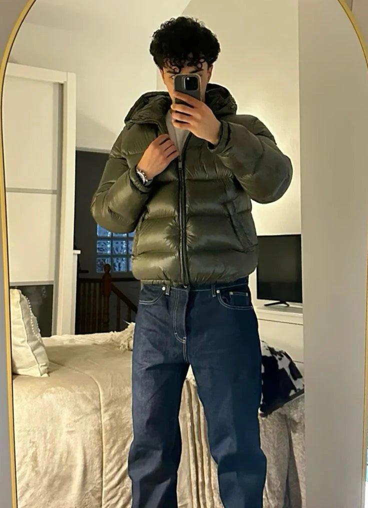 Men's hooded quilted puffer jacket with front zip and angled pockets