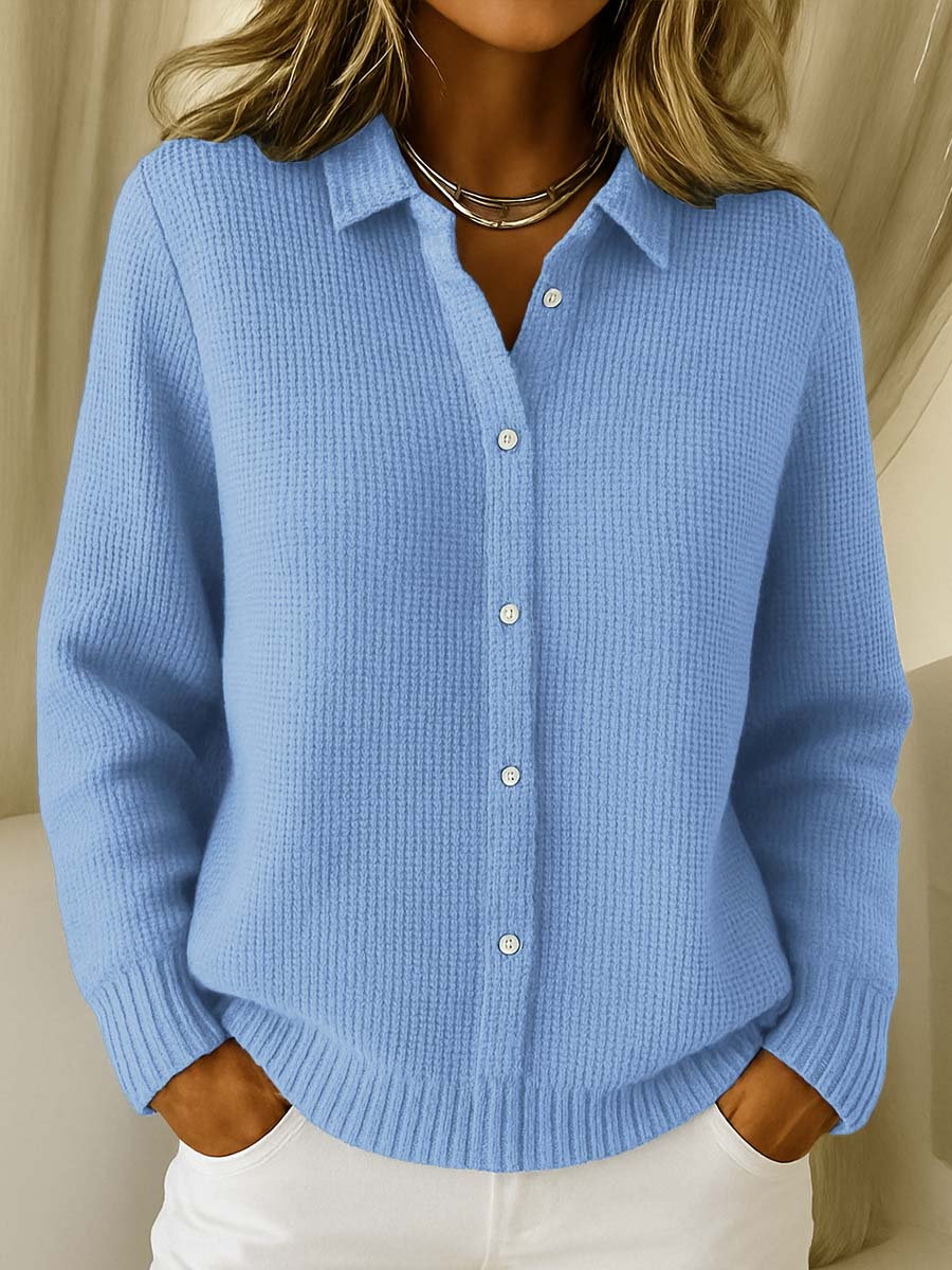 Women's textured knit cardigan with shirt collar, long sleeves and button front