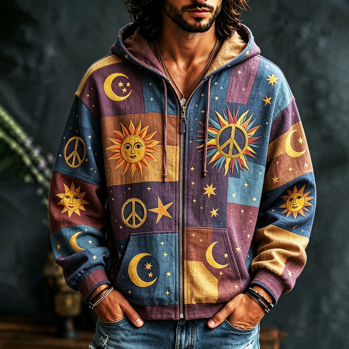 Men's multicoloured patchwork zip hoodie with sun, moon, star and peace motifs